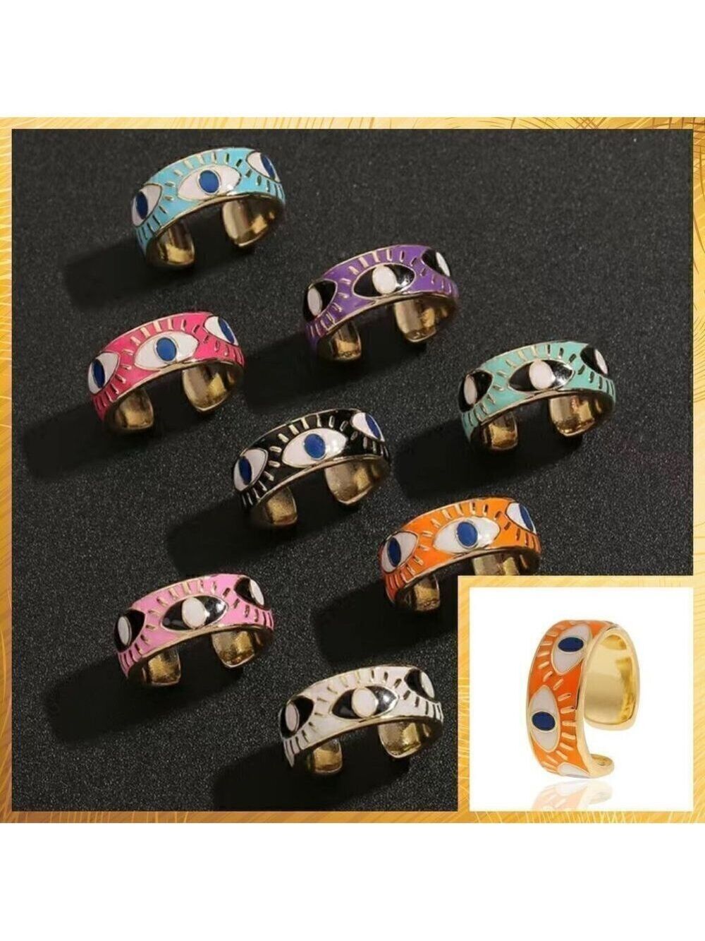 Evil Eye Enamel and Copper Adjustable Ring #1209 ORANGE